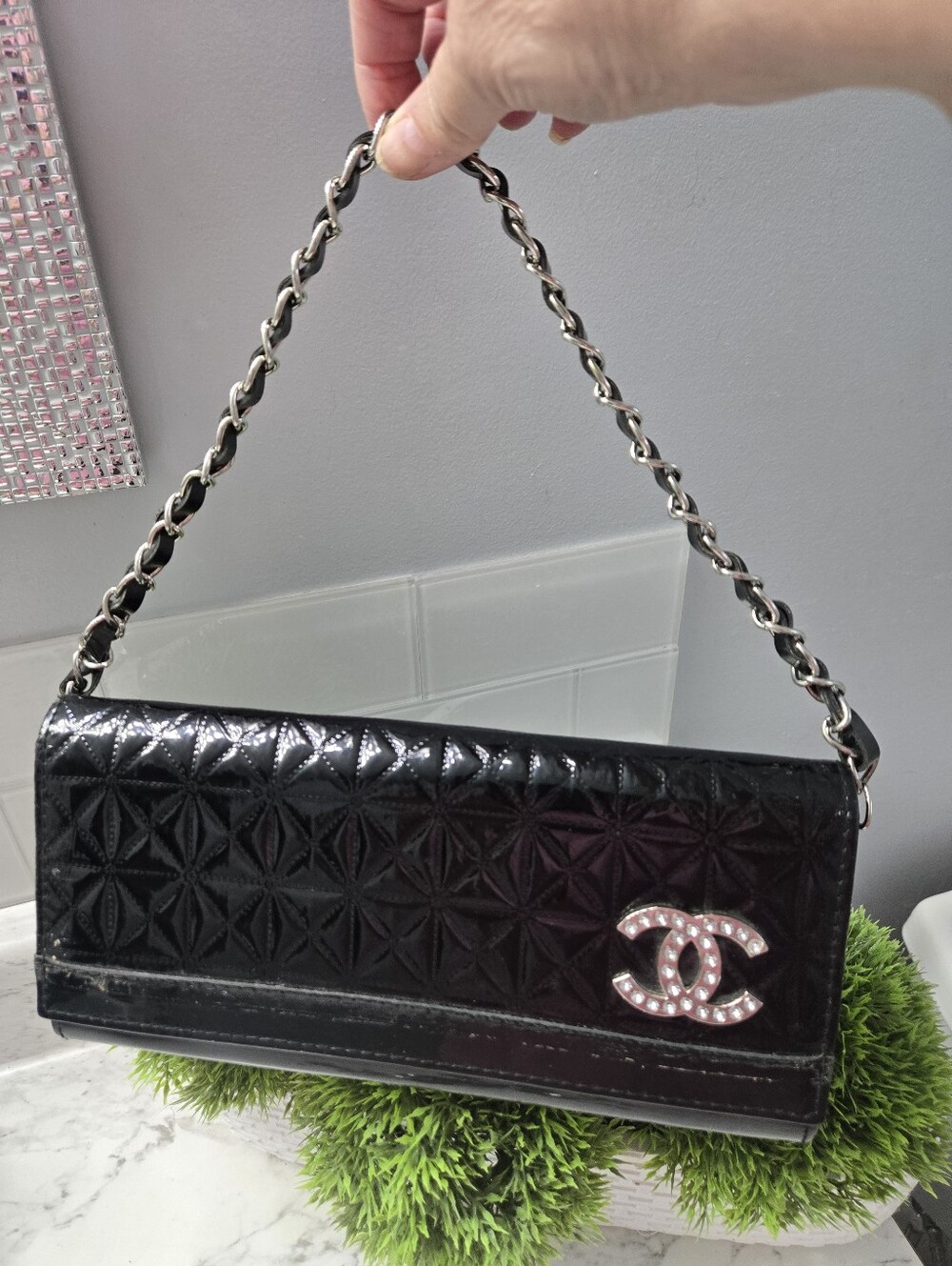 Black Quilted Patent Leather Shoulder Bag with Crystal CC Charm.